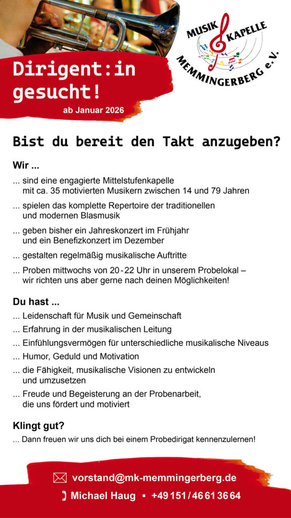 Flyer Dirigent gesucht Musikkapelle Memmingerberg / Memmingen / Unterallgäu..